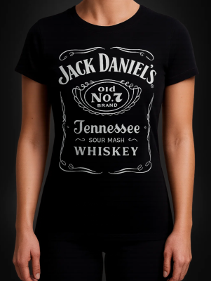 Schwarzes Damen T-Shirt mit klassischem JACK DANIEL'S Label-Logo auf der Vorderseite