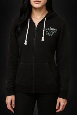 Grau-schwarzer Damen Zip Hoodie mit durchgehendem Reißverschluss und JACK DANIEL'S Print

