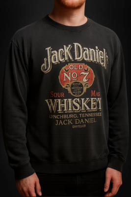 Schwarzer Crewneck Pullover mit weißem JACK DANIEL'S Label-Print (US-Import)